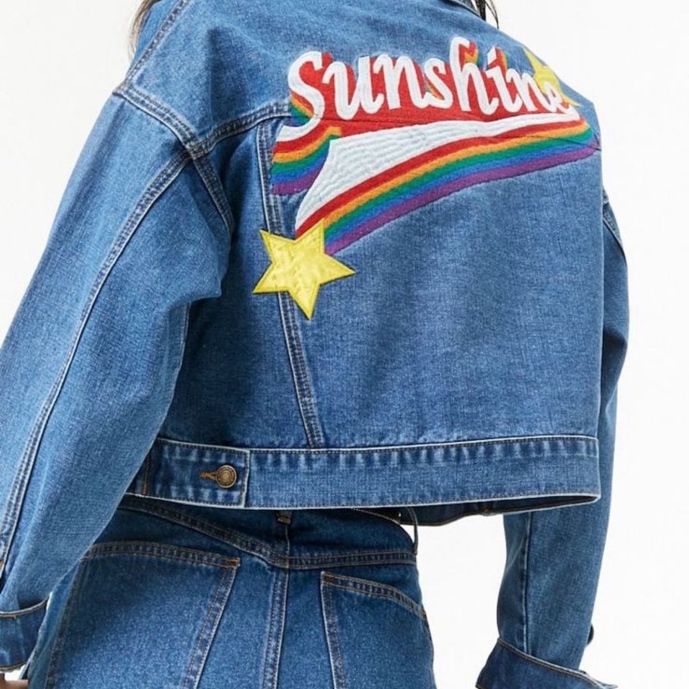 Forever 21 Large Denim Jacket with Sunshine Rainbow and Star Embroidery